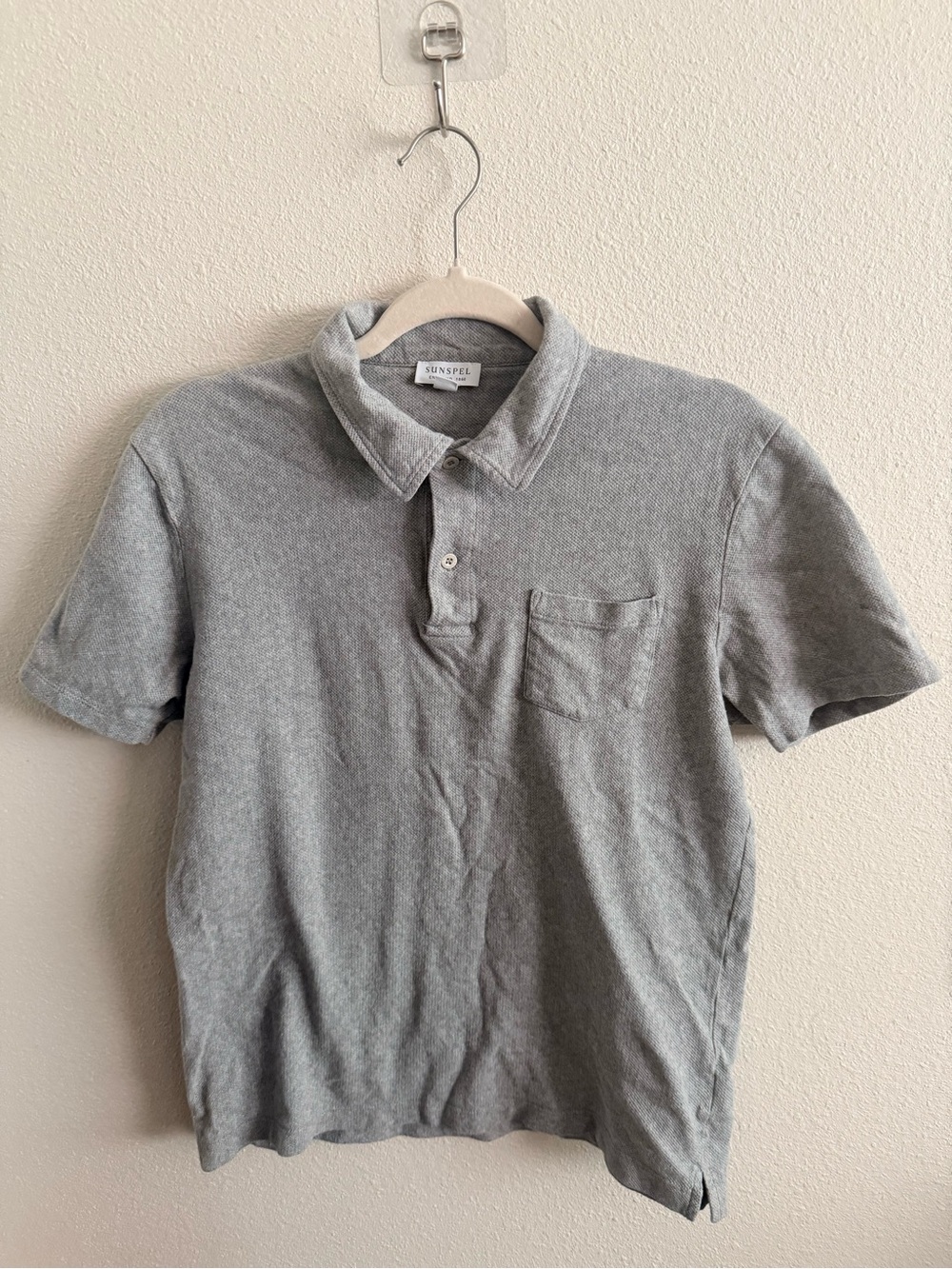 Sunspel Light Gray Pique Short-Sleeve Polo with Chest Pocket